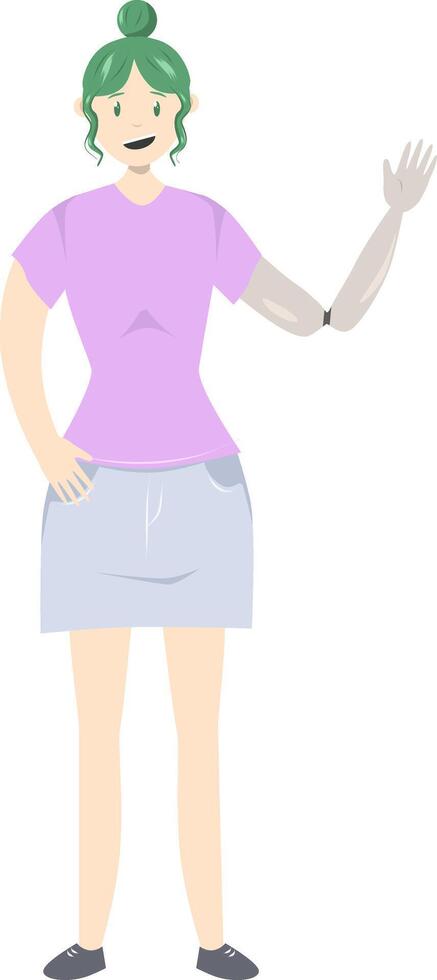 Illustration von ein Mädchen mit ein Prothese Arm im eben Stil. eben Illustration auf das Thema von Körper Positivität. vektor