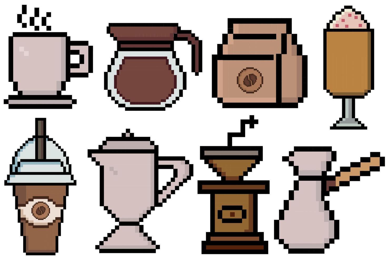 kaffe pixel konst uppsättning av ikoner, årgång 8 bit, 80-tal, 90s spel stil, dator arkad spel föremål, kaffe kopp, latte, frappe, cappuccino, kaffe pott, paket, kopp, råna i pixelated mosaik- retro spel stil vektor