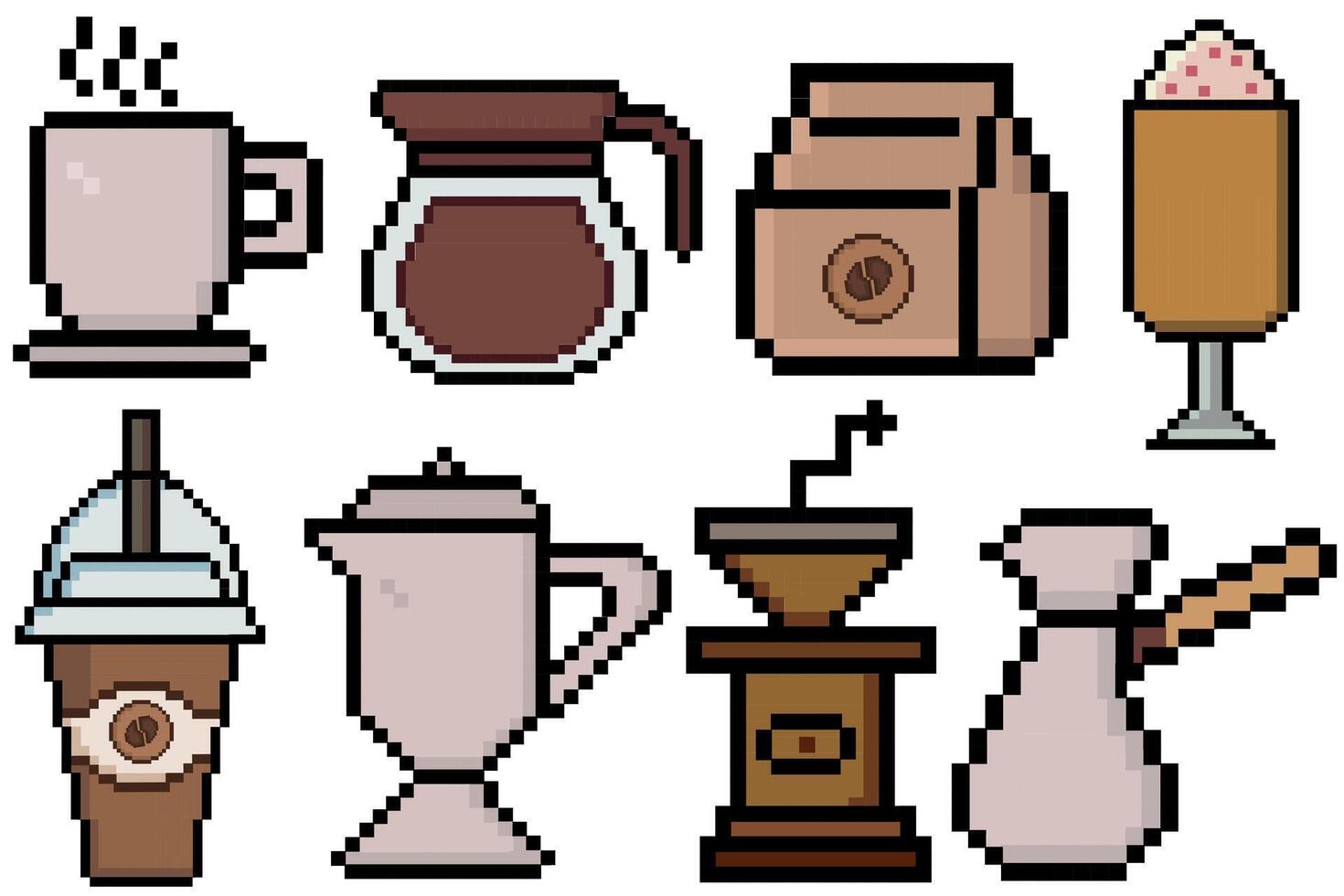 Kaffee Pixel Kunst einstellen von Symbole, Jahrgang 8 Bit, 80er, 90er Jahre Spiel Stil, Computer Arkade Spiel Artikel, Kaffee Tasse, Latté, Frappé, Cappuccino, Kaffee Topf, Paket, Tasse, Becher im pixelig Mosaik retro Spiel Stil vektor
