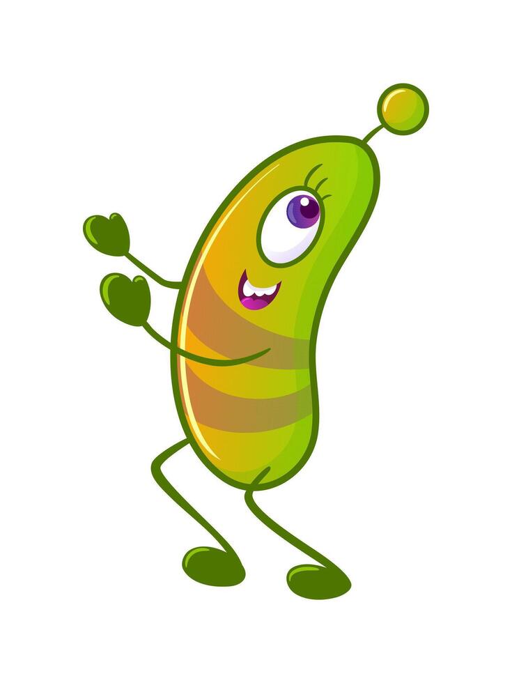 söt monster är löpning. en grön utomjording den där utseende tycka om plankton eller en mikrob. neon färger, y2k, lutning, 2000-talet tecknad serie illustration. Plats flyg, de framtida. halloween klistermärken, design element. vektor