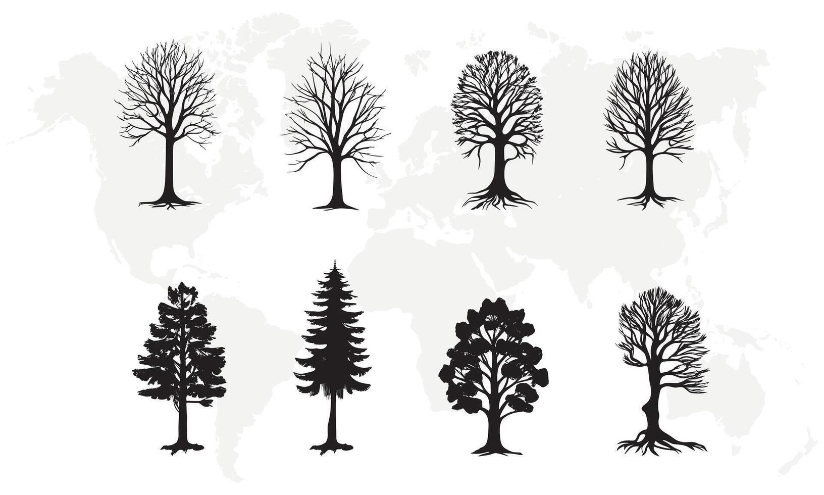 Illustration von ein Sammlung von Bäume Bildung ein Wald Silhouette, isoliert gegen ein Stark Weiß Hintergrund, vektor