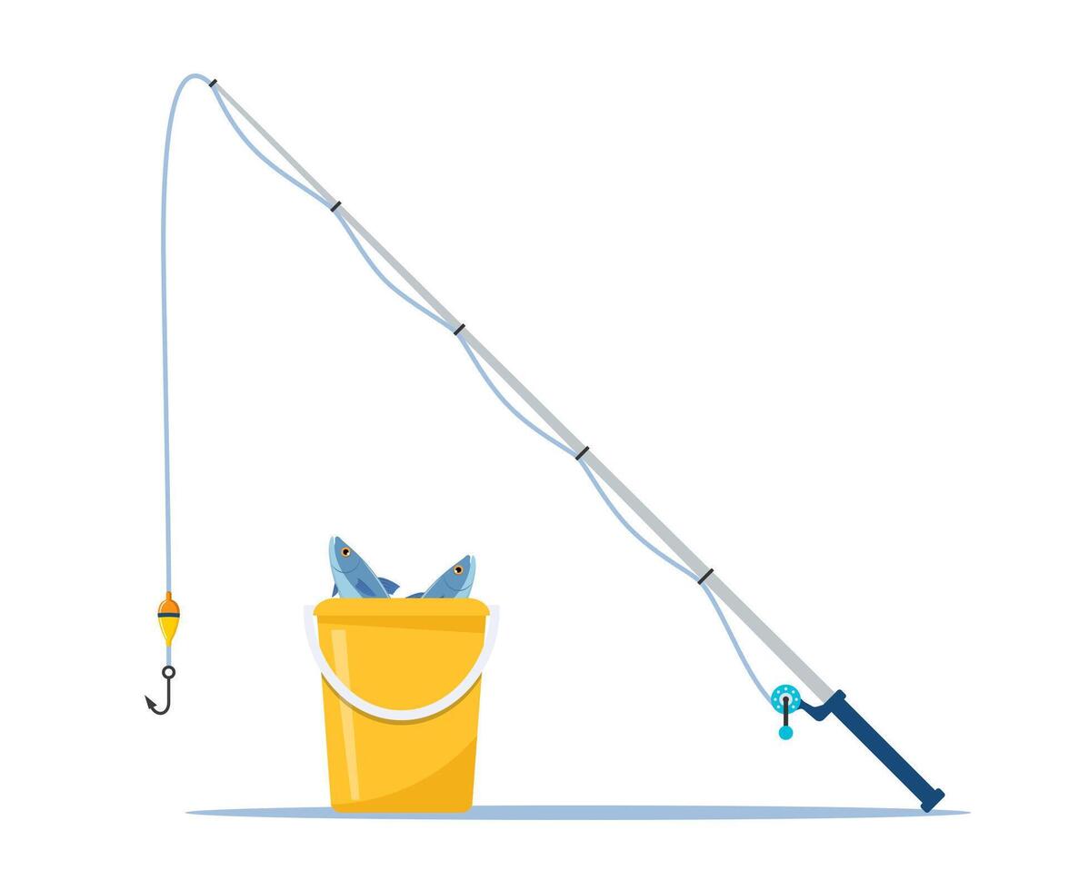 fiske stång med fiske linje, rulle, krok och flyta. hink av fisk. fiske Utrustning. verktyg för rekreations sporter. illustration. vektor