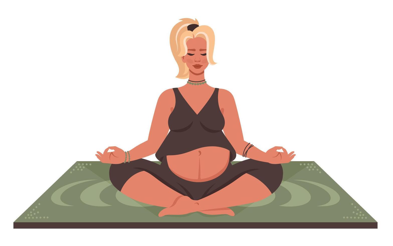 schwanger Yoga. jung schwanger Frauen tun Meditation. weiblich Charakter Sitzung im Lotus Pose. schön Mädchen im Sportbekleidung tun Yoga, meditieren ausüben. gesund Lebensstil. Illustration vektor