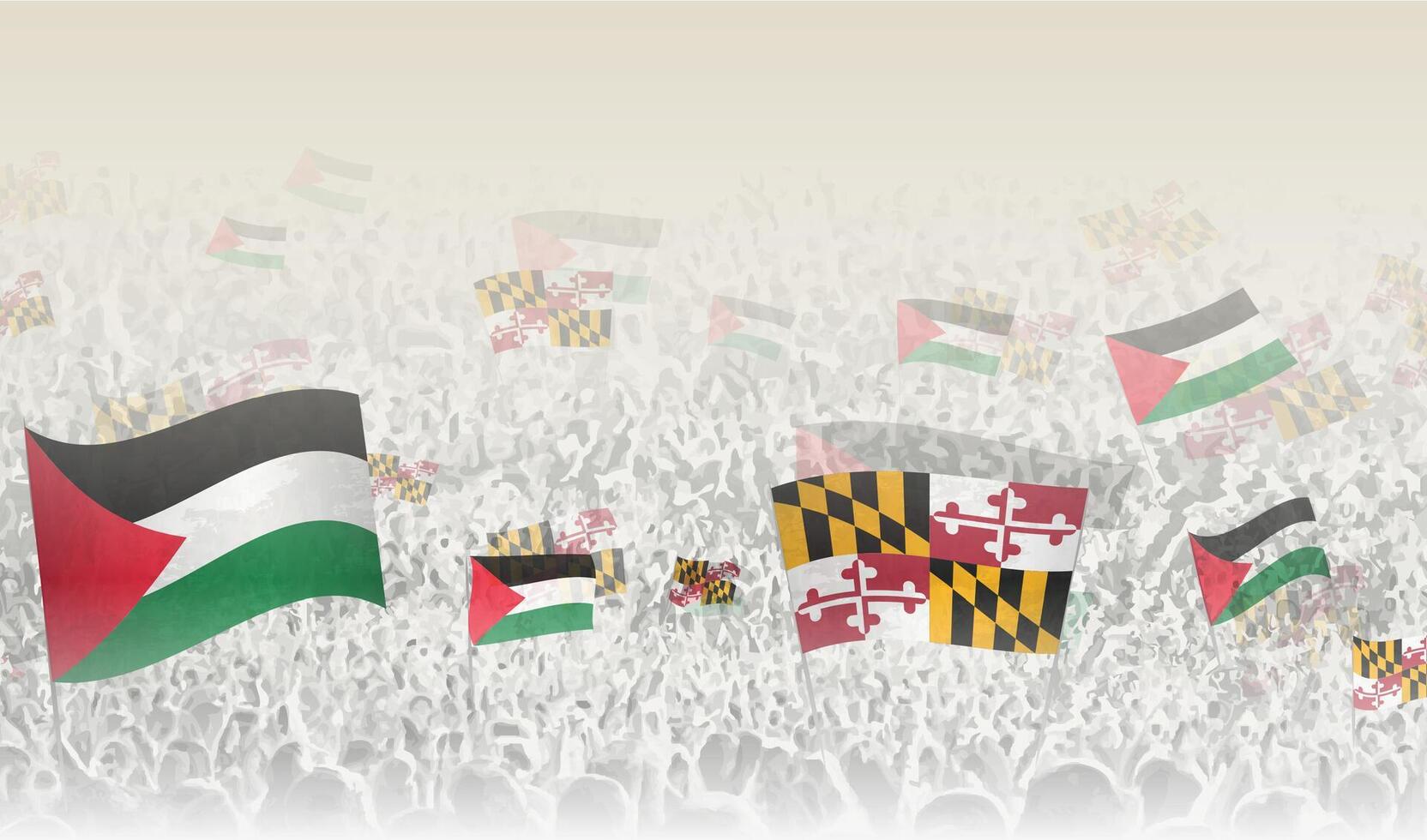 Palästina und Maryland Flaggen im ein Menge von Jubel Personen. vektor