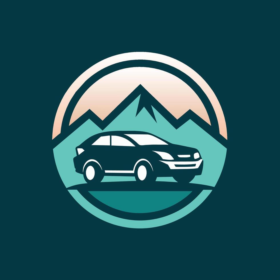 ein Auto Reisen auf ein Straße, mit majestätisch Berge im das Hintergrund, ein sauber und minimalistisch Logo einarbeiten ein Vermietung Auto Symbol im ein kreativ Weg vektor