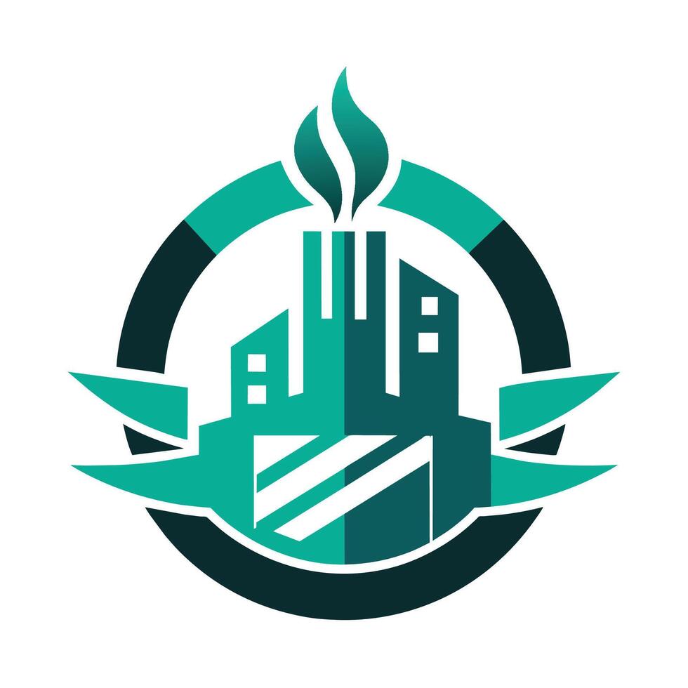 Logo mit Grün und schwarz Farben mit ein Gebäude im das Center, symbolisieren Herstellung, ein Design Das erfasst das Wesen von Herstellung durch Minimalismus vektor