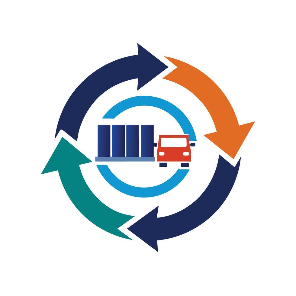 ein LKW fährt durch ein Kreis von Pfeile im ein dynamisch Szene, ein sauber und modern Logo einarbeiten Pfeile zu veranschaulichen das fließen von Waren im Logistik vektor