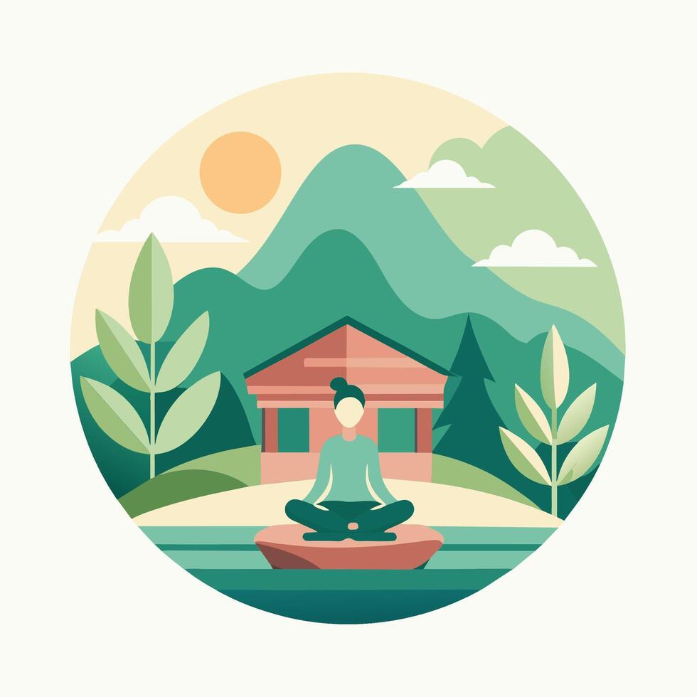 ein Person Sitzung im ein Lotus Position im Vorderseite von ein Haus, ein friedlich Landschaft mit ein still Yoga Studio eingebettet im Natur vektor