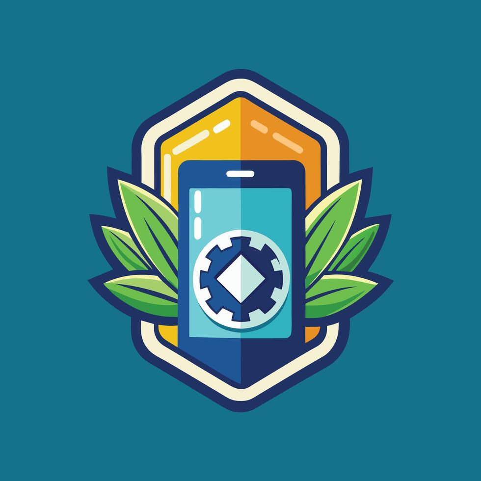 en blad vilar på en cell telefon, symboliserar en förbindelse mellan teknologi och natur, en minimalistisk emblem för en revolutionerande app utveckling företag vektor