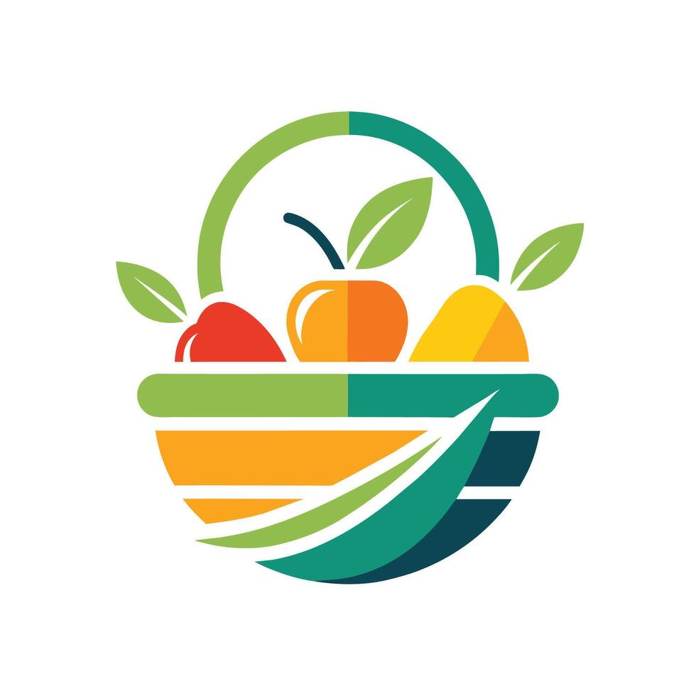 ein gewebte Korb überfüllt mit ein Vielfalt von frisch Früchte und Gemüse, ein Logo zum ein lokal Essen Speisekammer Das Eigenschaften ein stilisiert Obst Korb vektor