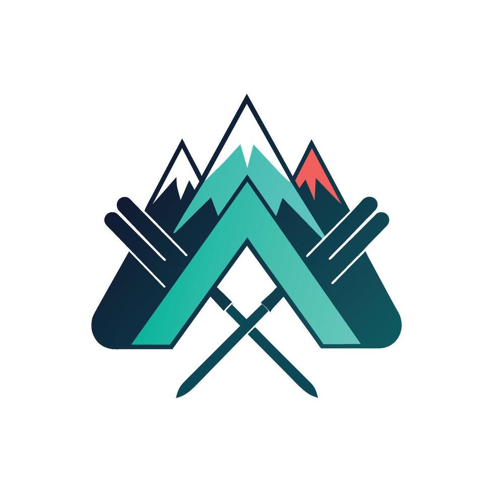 logotyp av två händer innehav en fjäll, symboliserar styrka och Stöd, en enkel design visa upp en par av skidor på en snöig backe vektor