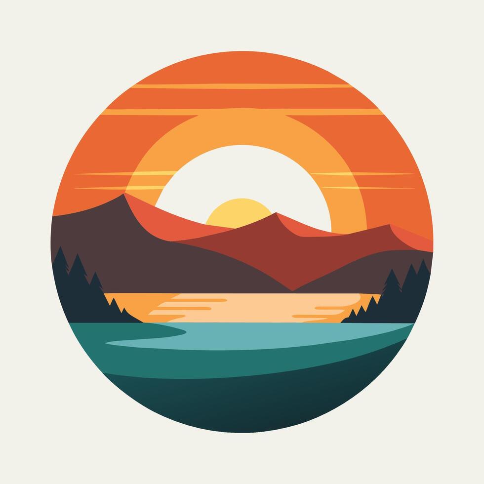 de Sol är miljö över en sjö med bergen i de bakgrund, en fredlig solnedgång över en lugn sjö, minimalistisk enkel modern logotyp design vektor