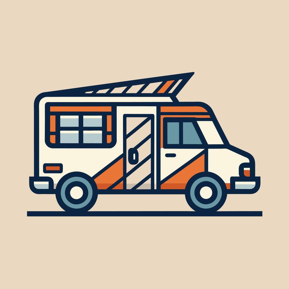 en elegant och modern orange och vit buss med en sol- panel på dess tak, en elegant och modern representation av en mat lastbil använder sig av endast rader och former vektor