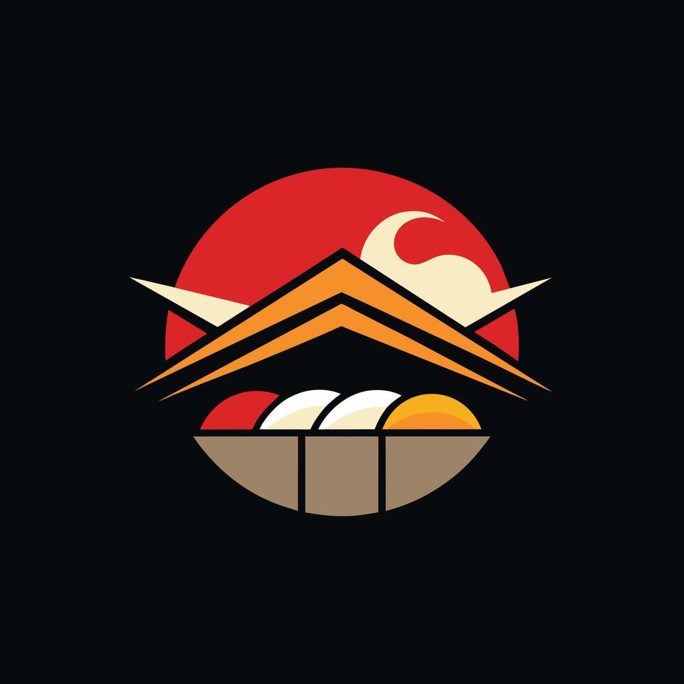 en svart bakgrund visa upp en vibrerande solnedgång Bakom berg, skapande en slående silhuett, en enkel och sofistikerad design för en sushi bar, minimalistisk enkel modern logotyp design vektor