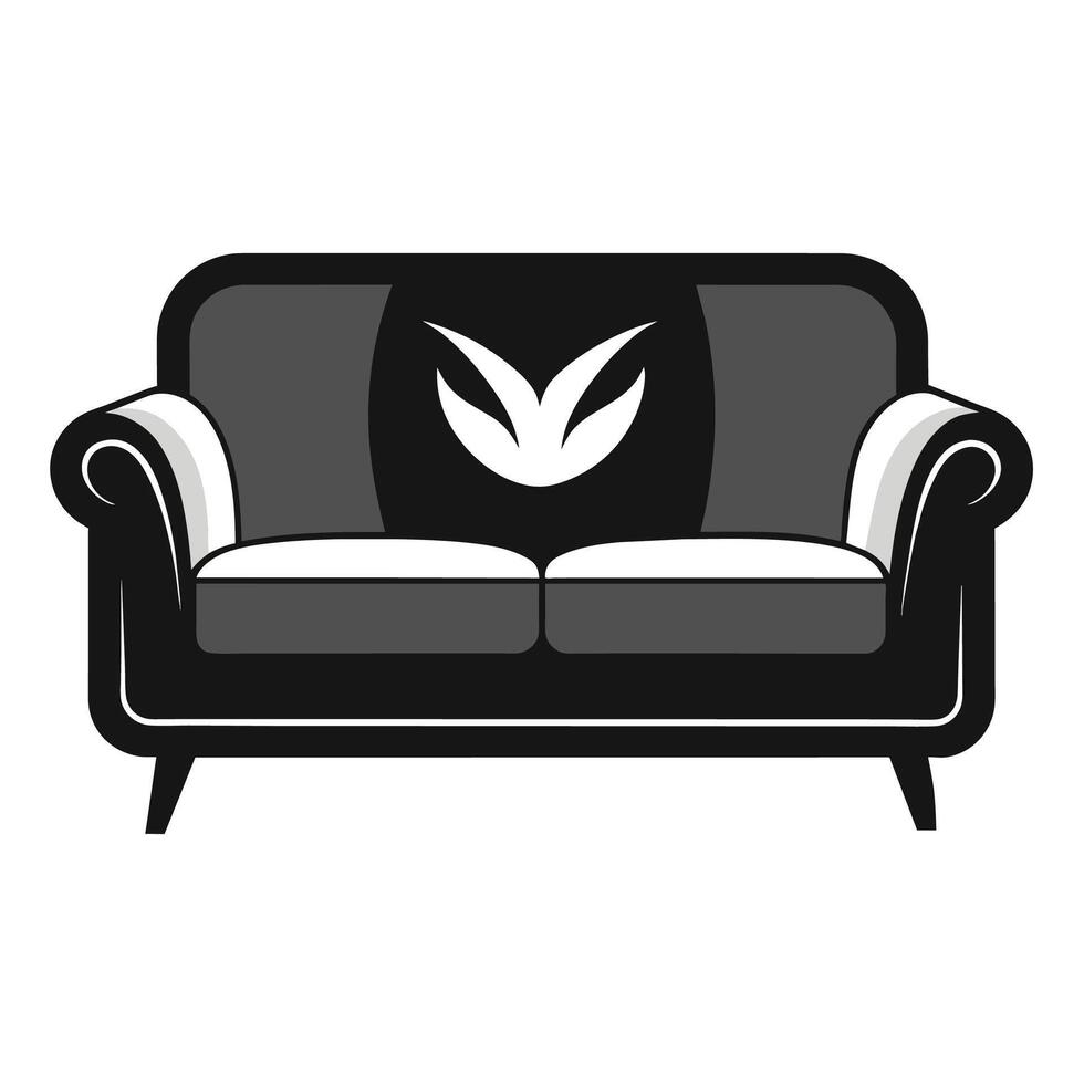 ein schwarz und Weiß zeitgenössisch Couch mit ein Single Blatt ruhen auf es ist Kissen, ein glatt und zeitgenössisch Sofa Design mit ein Plüsch, monochromatisch Polster vektor