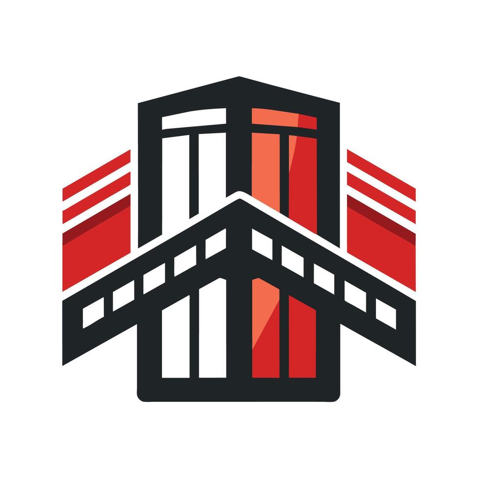 en byggnad terar alternerande röd och vit Ränder på dess exteriör, ett abstrakt tolkning av en filma studios emblem, minimalistisk enkel modern logotyp design vektor