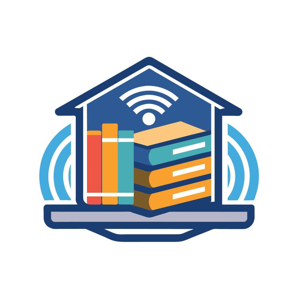 ein Stapel von Bücher ordentlich vereinbart worden auf oben von ein Bücherregal, ein minimalistisch Darstellung von ein virtuell Bibliothek oder E-Learning Nabe vektor