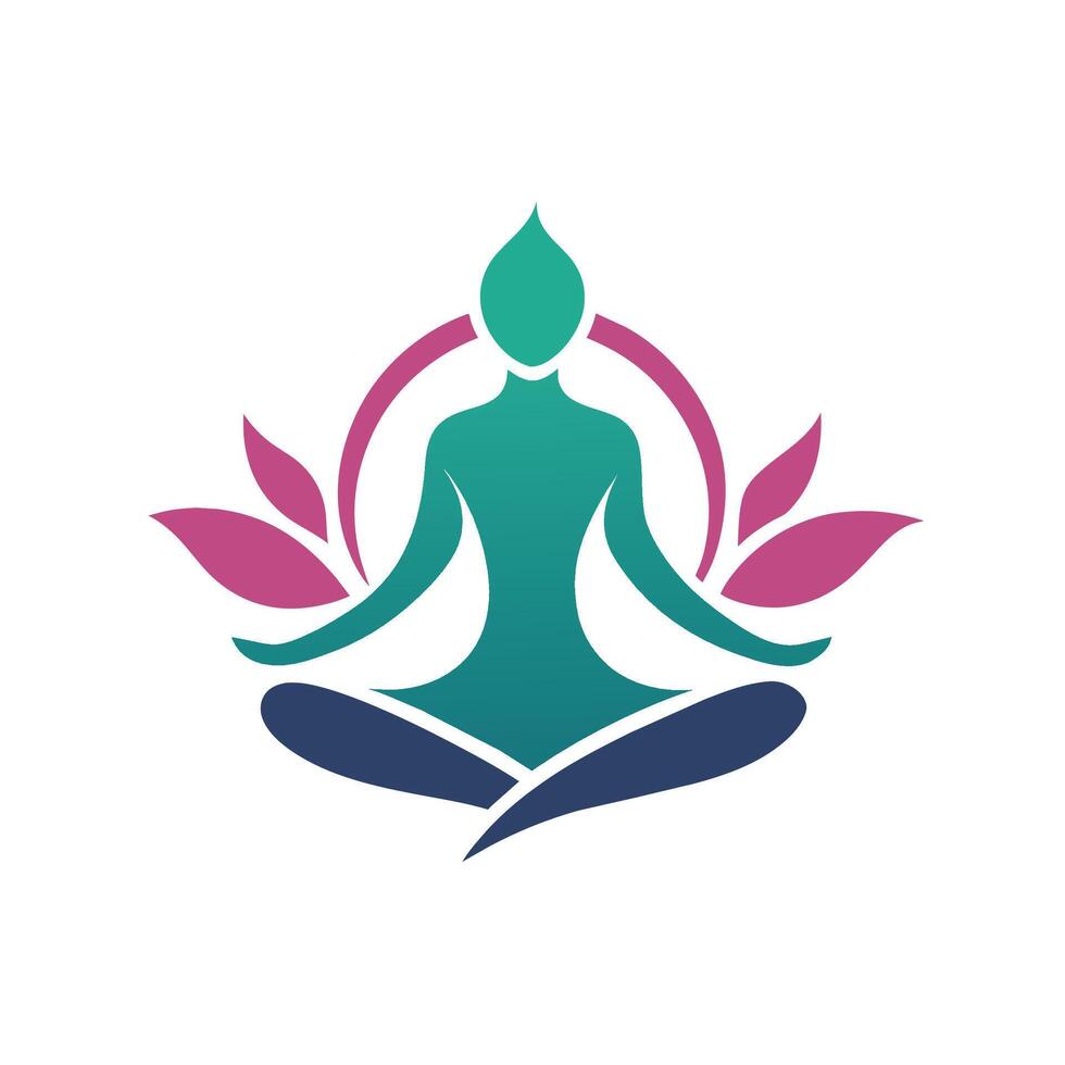 ein Person sitzt mit gekreuzten Beinen im ein Lotus Position umgeben durch Grün Blätter, ein glatt Logo mit ein minimalistisch Design von ein Yoga Pose vektor