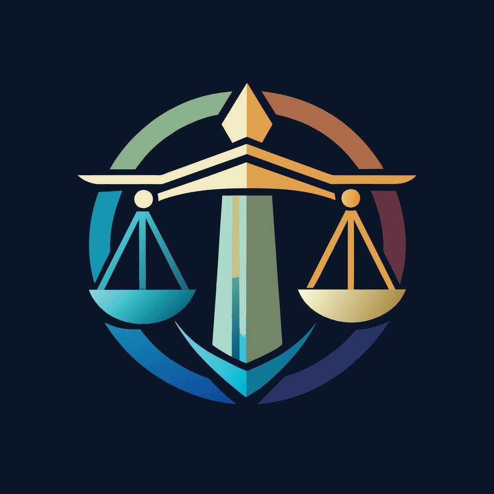 das ikonisch Waage von Gerechtigkeit Symbol, Darstellen Gerechtigkeit und Balance im Gesetz und legal Systeme, erstellen ein minimalistisch Logo zum ein glatt und gehoben Technik Geschäft vektor
