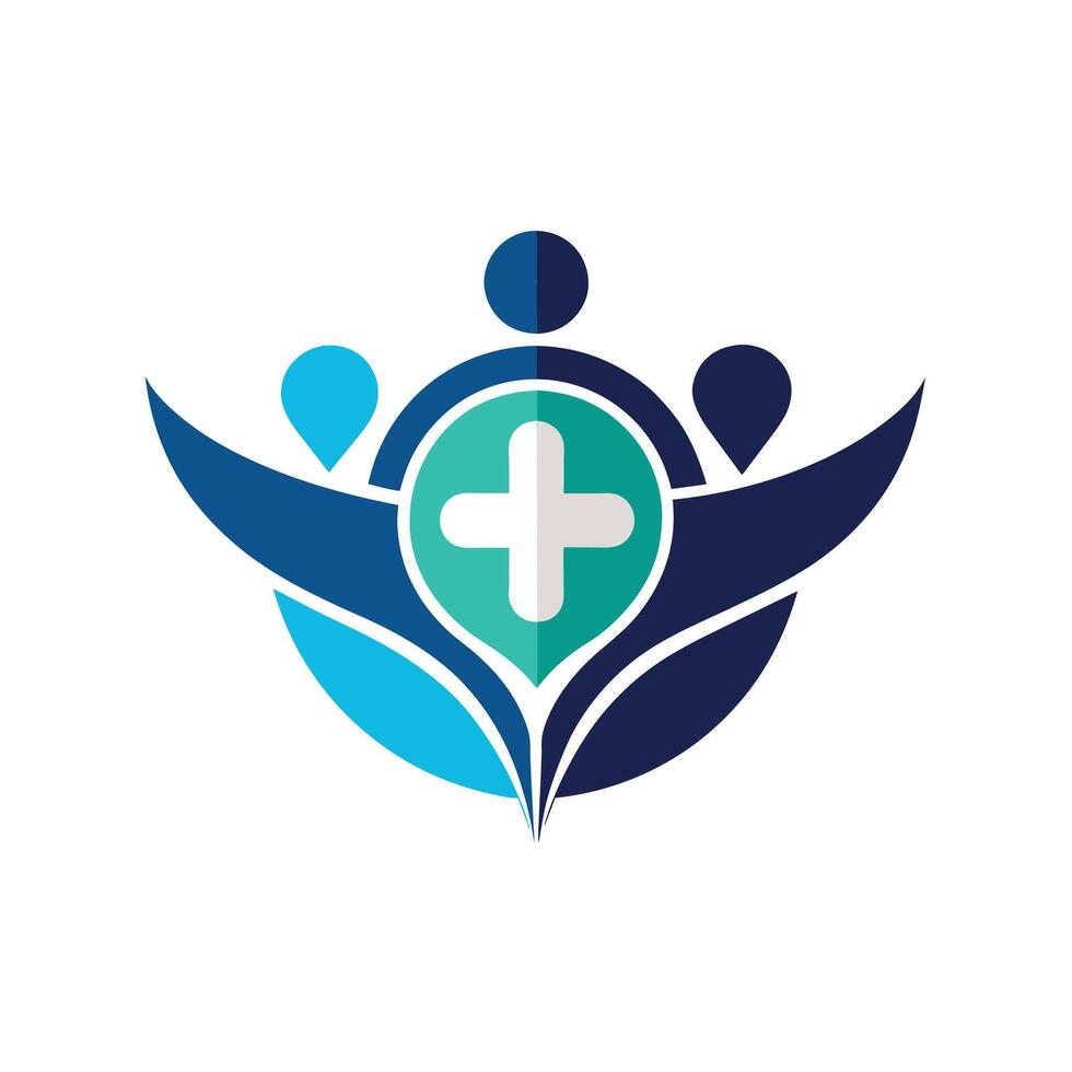 ein Gruppe von Menschen halten Hände mit ein Kreuz Symbol auf Es, zeigen Einheit und Glaube, Kunst ein minimalistisch Logo zum ein Gesundheitswesen Beratung Agentur Das priorisiert patientenzentriert Pflege vektor