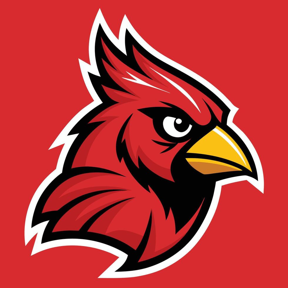 en röd fågel med en gul näbb stående på en fast röd bakgrund, design en kardinal fågel sport maskot logotyp och röd fågel djur logotyp vektor