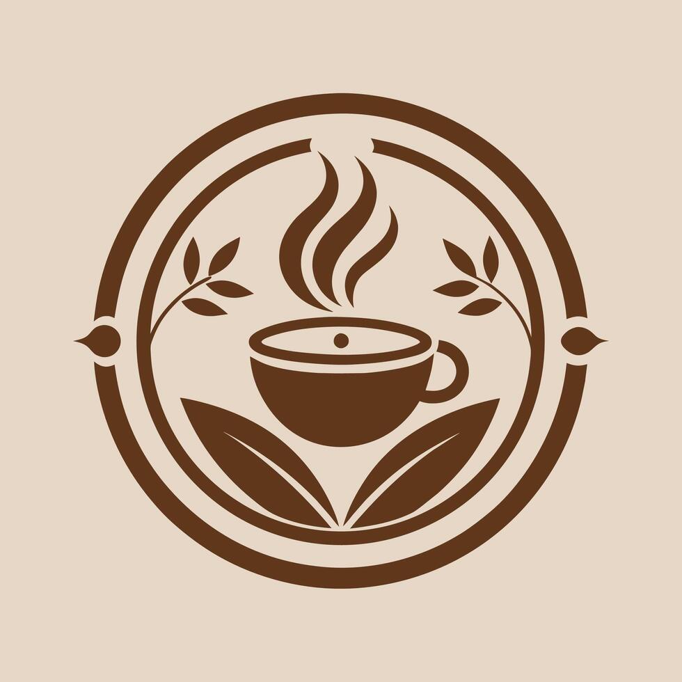 ein Tasse von Kaffee umgeben durch ein kreisförmig Anordnung von Blätter auf ein Tisch, sich entwickeln ein einfach und elegant Logo zum ein Gourmet Kaffee Geschäft vektor