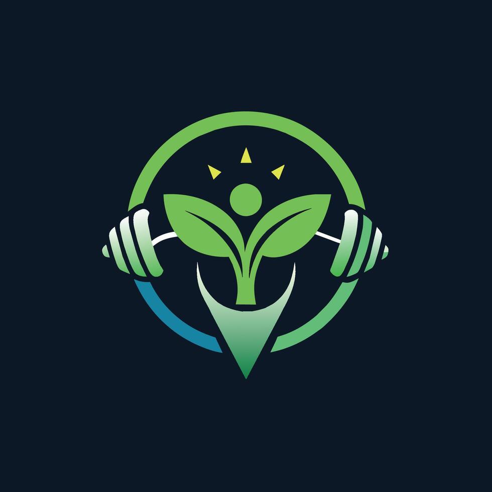 Logo mit ein Grün Blatt und ein Paar von Hanteln, symbolisieren ein Mischung von Natur und Fitness, Design ein einfach Logo Das vermittelt das Idee von Kommunikation vektor