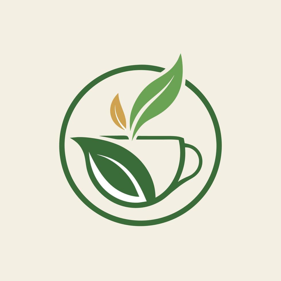 ein Kaffee Tasse mit ein Grün Blatt wie Dekoration, Design ein minimalistisch Logo zum ein Spezialität Tee Geschäft mit ein einfach Tee Blatt Design vektor