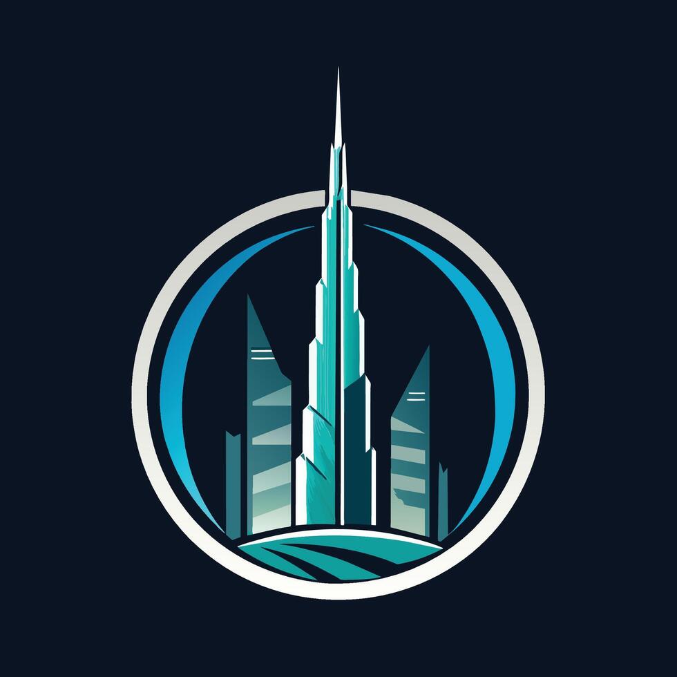 Blau und Weiß Logo mit burj Khalifa Wolkenkratzer, ein glatt Darstellung von das burj Khalifa im Dubai, minimalistisch einfach modern Logo Design vektor