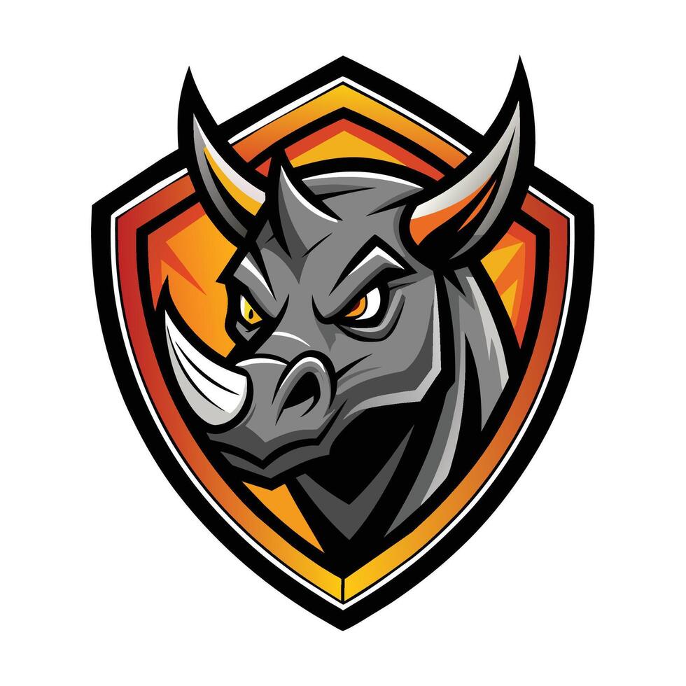 ein Bullen Kopf mit Hörner angezeigt prominent auf ein Schild, Konzept Nashorn Kopf und Schild Unternehmen Logo Symbol vektor