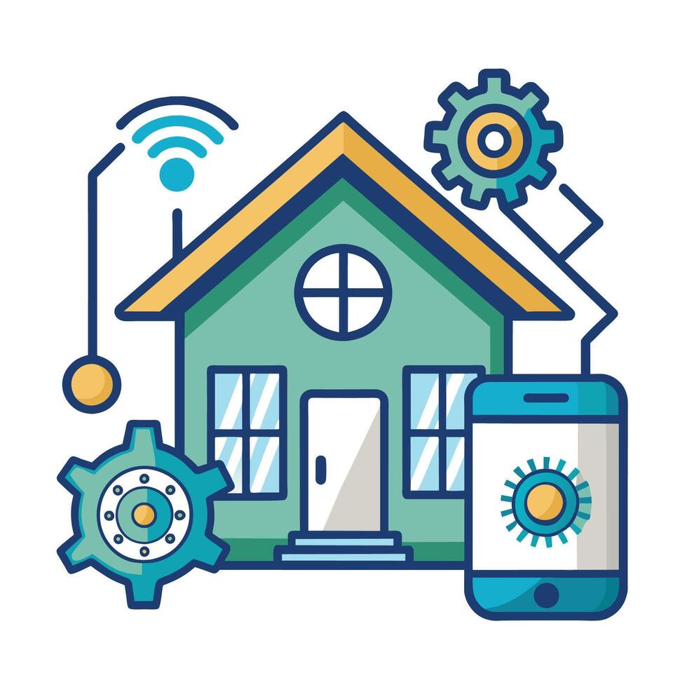 ein modern Haus mit ein Telefon und ein Ausrüstung Rad, präsentieren Technologie und Konnektivität im Zuhause Design, Zuhause Automatisierung System Logo Design vektor