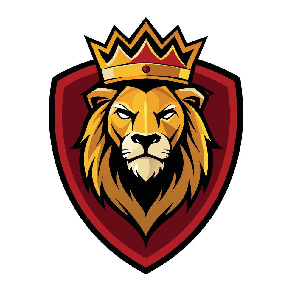 en majestätisk lejon bär en gyllene krona på dess huvud, lejon huvud skydda logotyp ikon. kunglig guld krona bricka symbol vektor