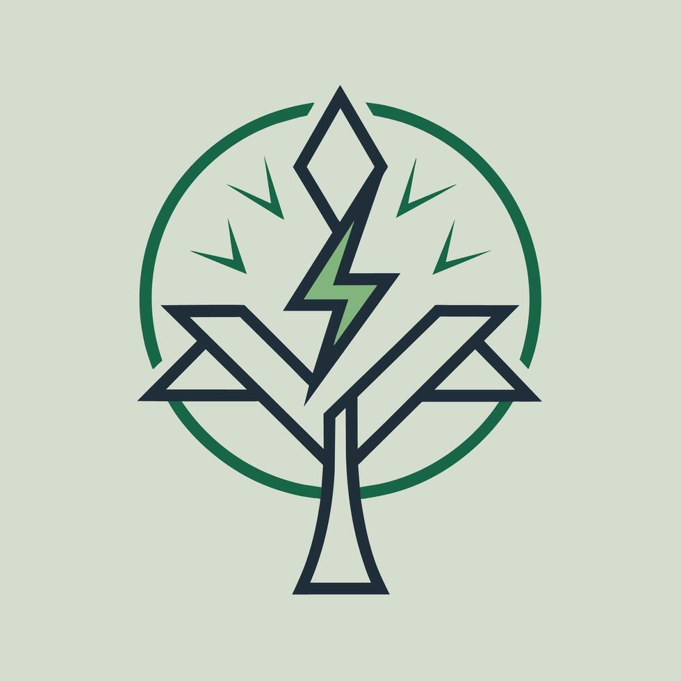 Logo mit verflochten Baum Gliederung und Blitz Bolzen im Grün und schwarz Farben, Baum Gliederung Verflechtung mit Elektrizität Bolzen zum ein einzigartig Logo vektor