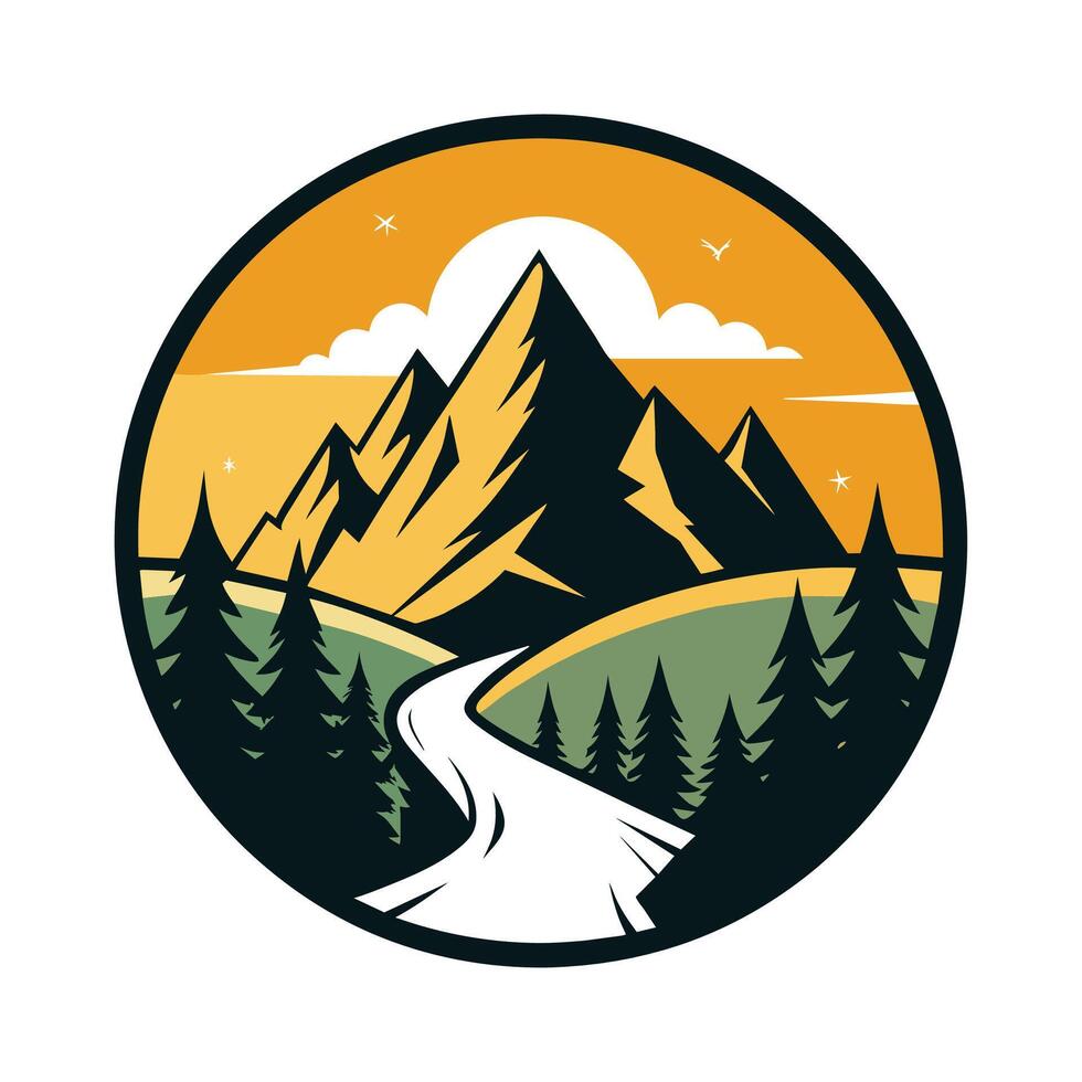 väg skärande genom en tät skog med höga bergen i de bakgrund, en minimalistisk logotyp design införlivande en berg silhuett för en vandring resa planerare vektor