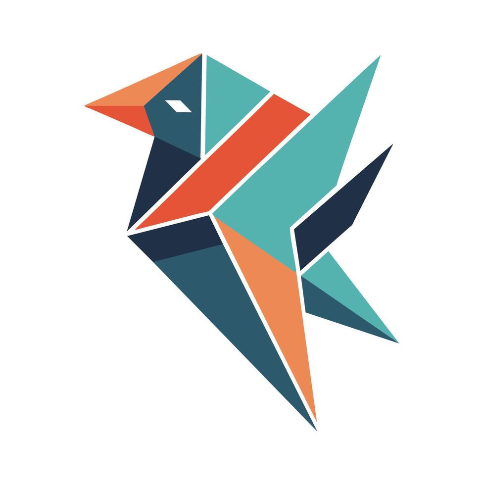 ein beschwingt Vogel Logo porträtiert im abstrakt geometrisch Formen einstellen gegen ein knackig Weiß Hintergrund, abstrakt geometrisch Darstellung von ein Vogel im ein minimalistisch Stil vektor