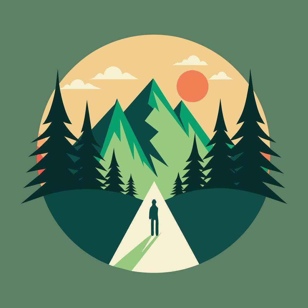 ein Person Stehen auf ein Straße im das Mitte von ein dicht Wald, ein minimalistisch Darstellung von ein Wanderung durch ein dicht Wald, minimalistisch einfach modern Logo Design vektor