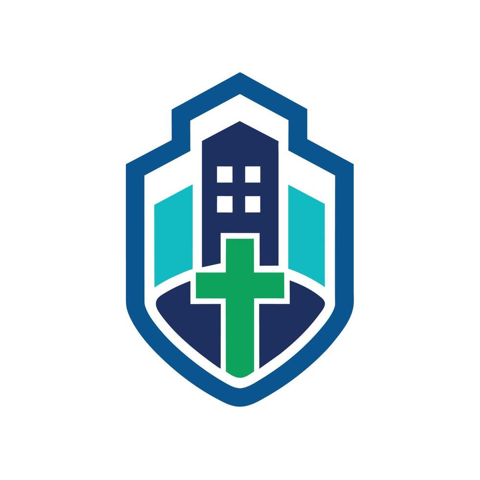 en skydda logotyp med en korsa på de Centrum, symboliserar styrka och skydd, en enkel än effektfull logotyp för en allra senaste medicinsk anläggning vektor
