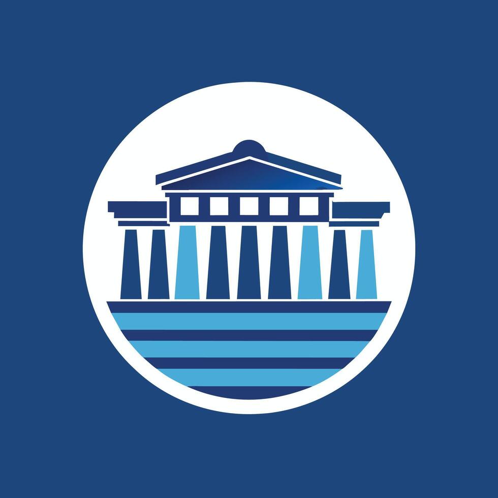 Grafik Logo im Blau und Weiß Darstellen ein Gebäude, ähnlich das Akropolis im Athen, ein künstlerisch Interpretation von das Akropolis im Athen, minimalistisch einfach modern Logo Design vektor