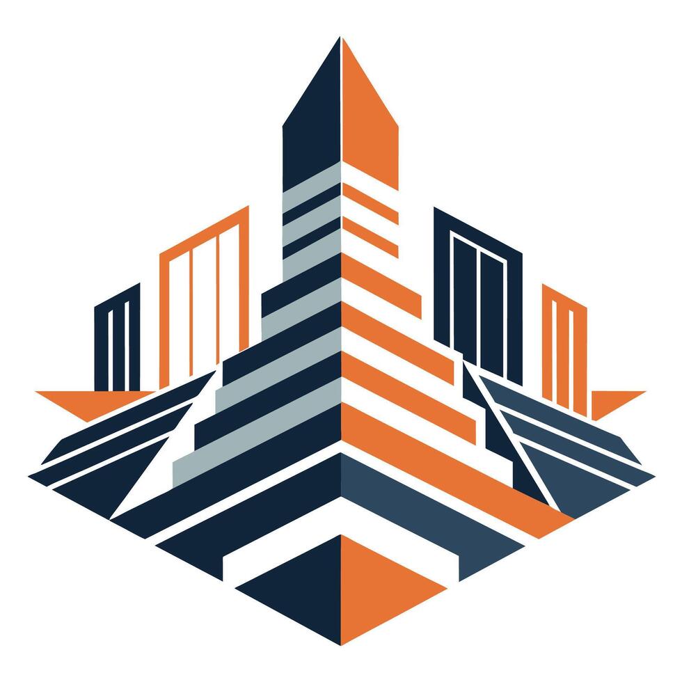 abstrakt Logo Design mit ein Kombination von Orange und Blau Farben zum ein Gebäude Struktur, ein abstrakt architektonisch Struktur mit überlappend Schichten und ein monochromatisch Farbe planen vektor