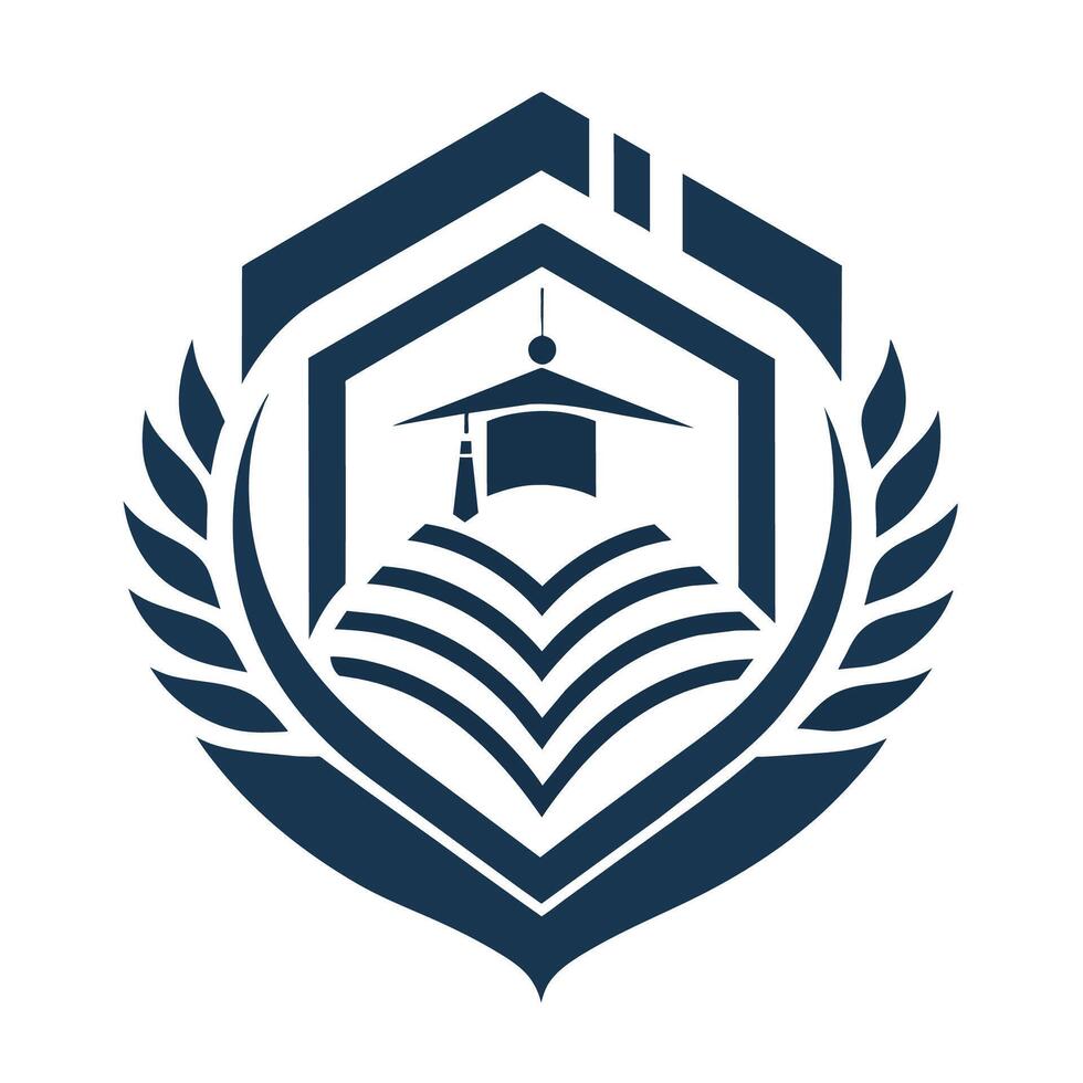 logotyp terar en bok omgiven förbi blå och vit färger, symboliserar kunskap och information, en enfärgad logotyp förkroppsligande de digital epok av inlärning vektor