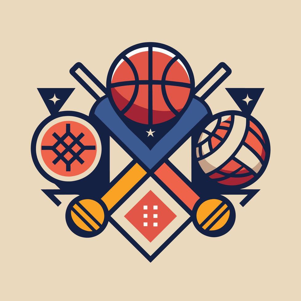 en basketboll, basketboll boll, och olika sporter objekt lagd ut på en yta, kombinera element av sporter Utrustning med traditionell symboler logotyp vektor
