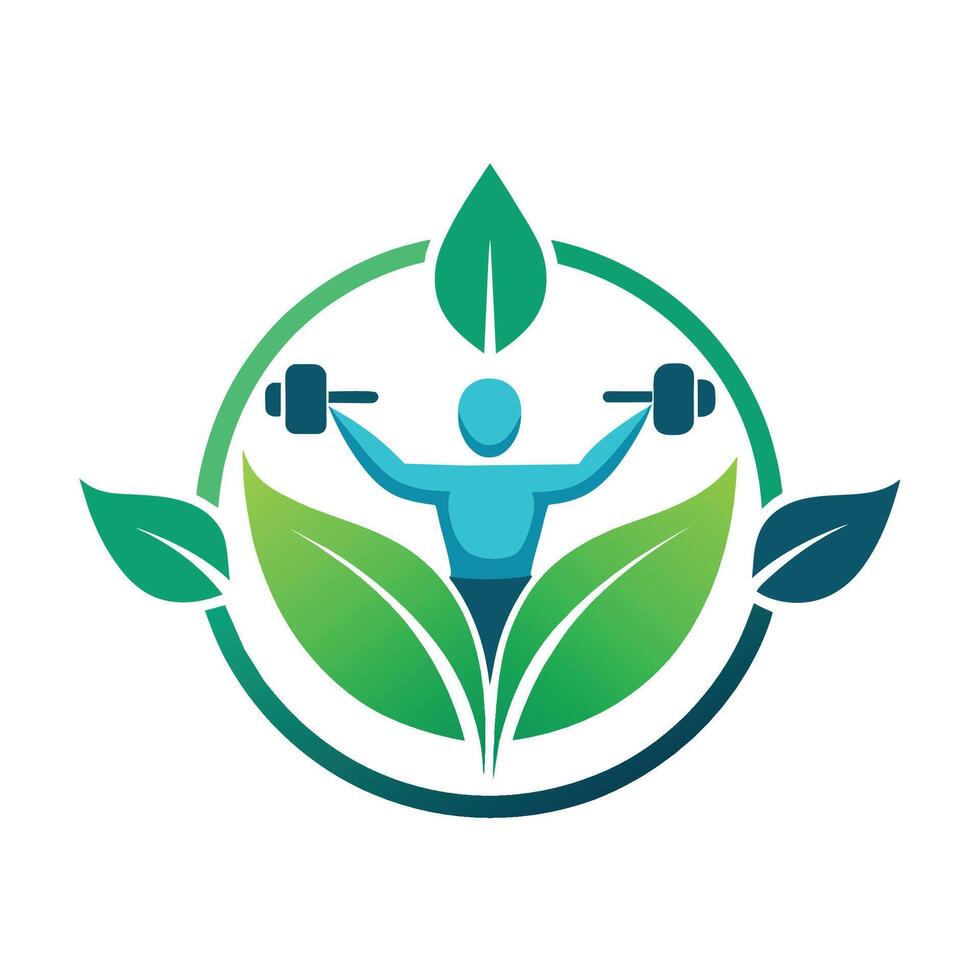 en man innehav en grön blad och en skivstång i hans händer, symboliserar en förbindelse mellan natur och kondition, design en logotyp den där förmedlar de begrepp av hälsa och kondition i en subtil och elegant sätt vektor