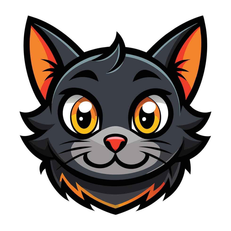 ein Nahansicht von ein schwarz Katzen Gesicht mit auffällig Orange Augen starren direkt beim das Zuschauer, süß schwarz Katze Kopf Logo Maskottchen, Illustration vektor