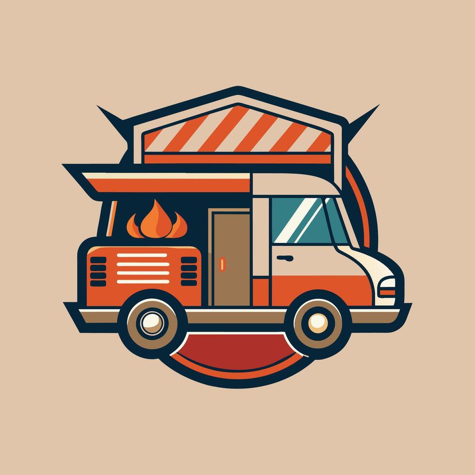 en vibrerande orange mat lastbil med en röd markis parkerad på de gata, en sofistikerad och elegant logotyp terar en minimalistisk representation av en mat lastbil vektor