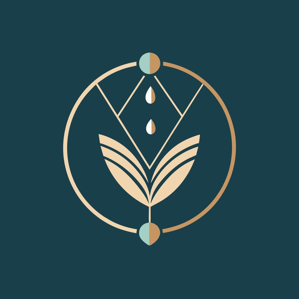 ein minimalistisch Emblem mit ein Kreis mit ein Blatt und zwei Tropfen von Wasser, Design ein minimalistisch Emblem zum ein ethisch Schmuck Marke, minimalistisch einfach modern Logo Design vektor