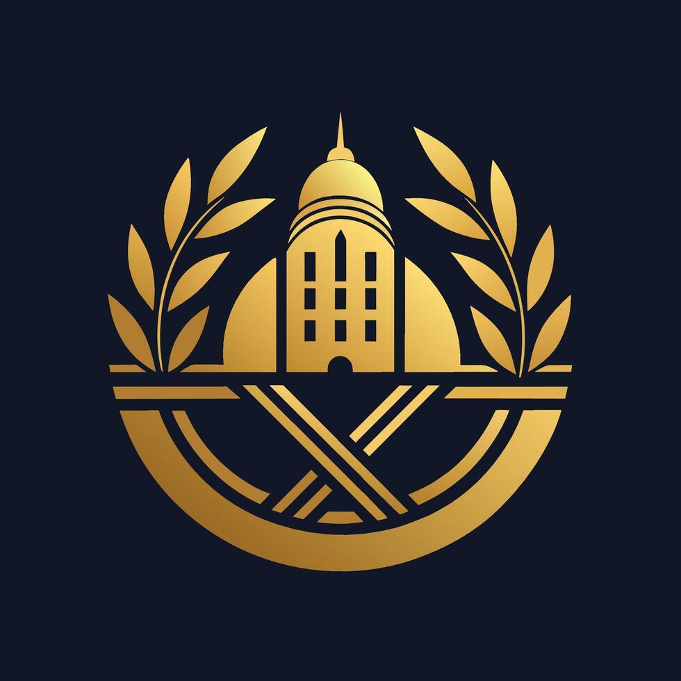 en guld emblem visa upp en byggnad i de Centrum, symboliserar lyx och raffinemang, design en minimalistisk logotyp för en lyx hotell kedja den där speglar lyx och bekvämlighet vektor