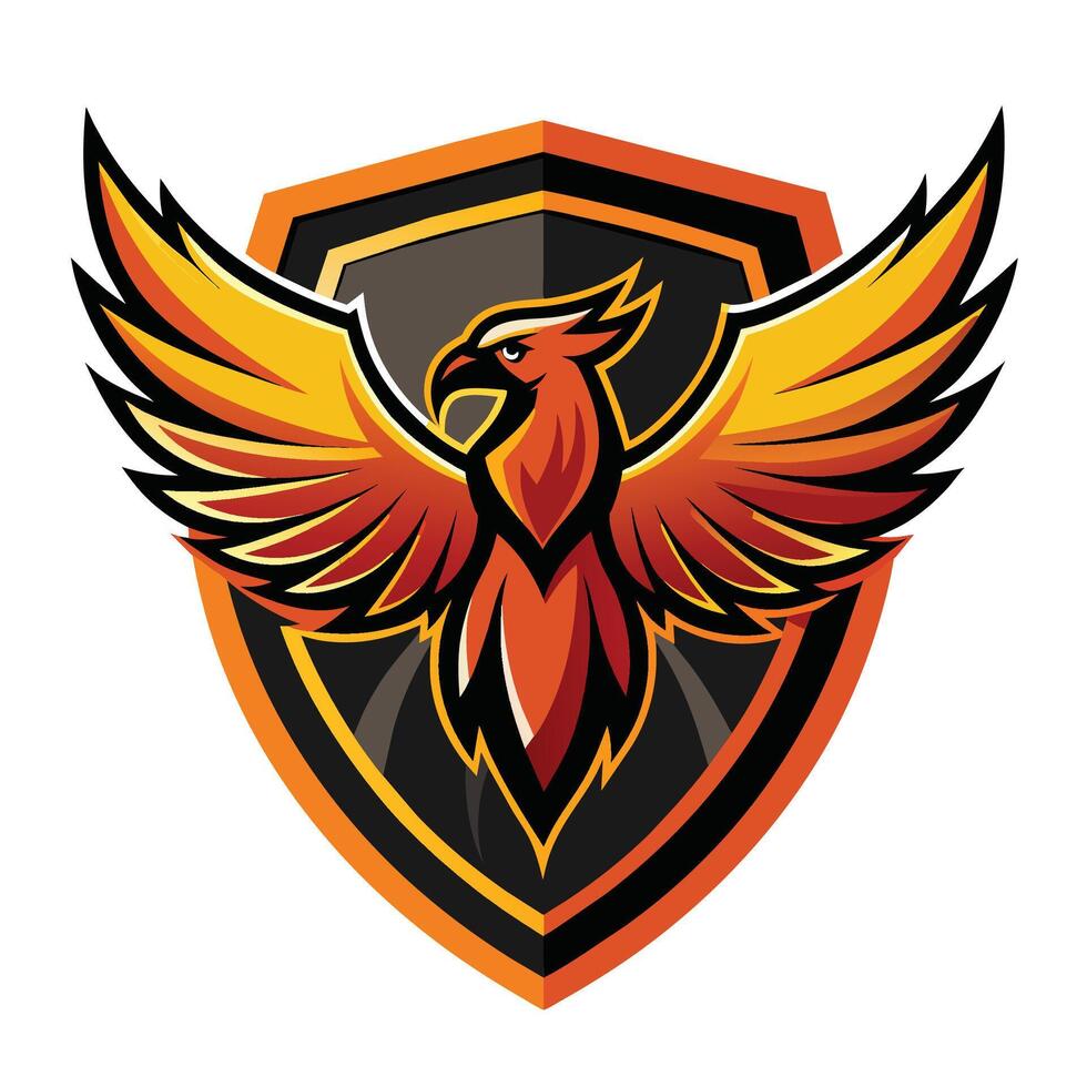 ein Vogel mit beschwingt Orange Flügel steht aus gegen ein sauber Weiß Hintergrund, Adler Schild Logo Design, Phönix Emblem vektor