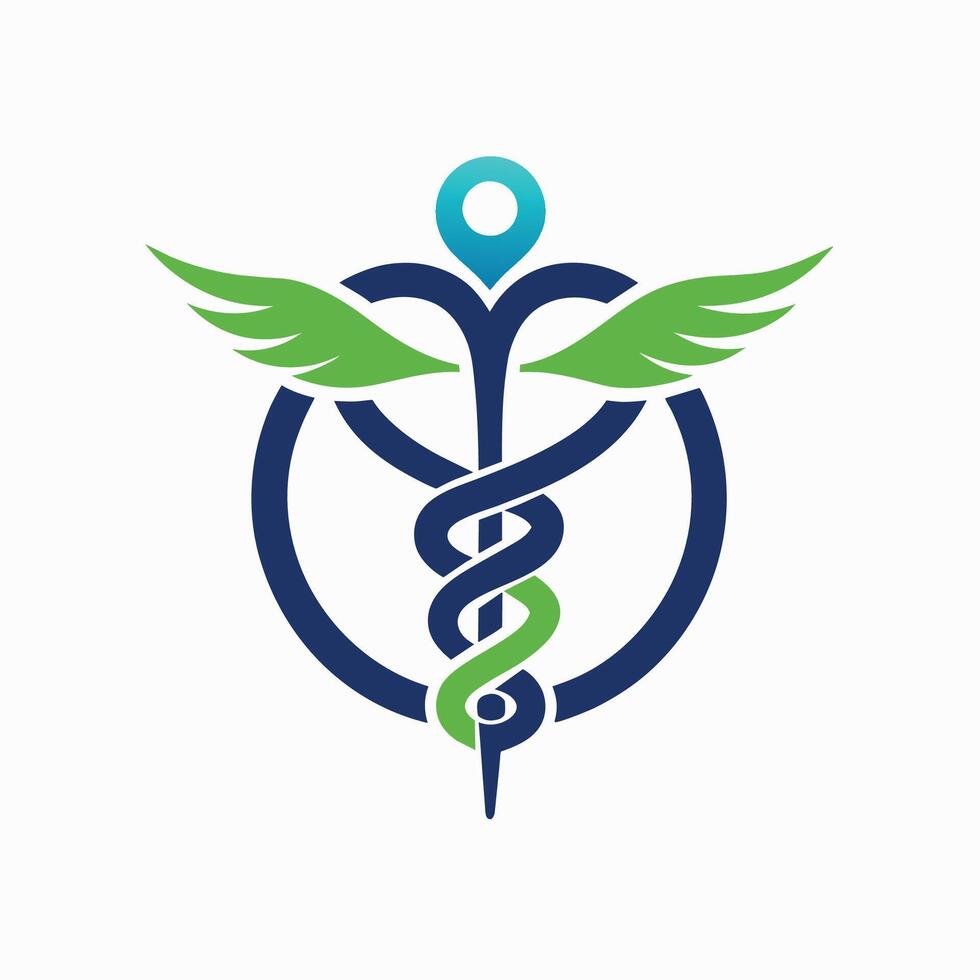 minimalistisk medicinsk symbol terar vingar och en personal, symboliserar sjukvård och helande, minimalistisk design av en stetoskop sammanflätade med en caduceus symbol vektor