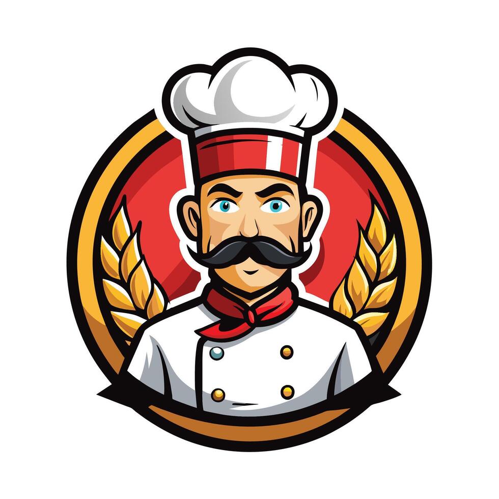 ein Koch mit ein Schnurrbart und Bart vorbereiten Essen im ein Fachmann Küche Einstellung, Küche Koch Logo Design vektor