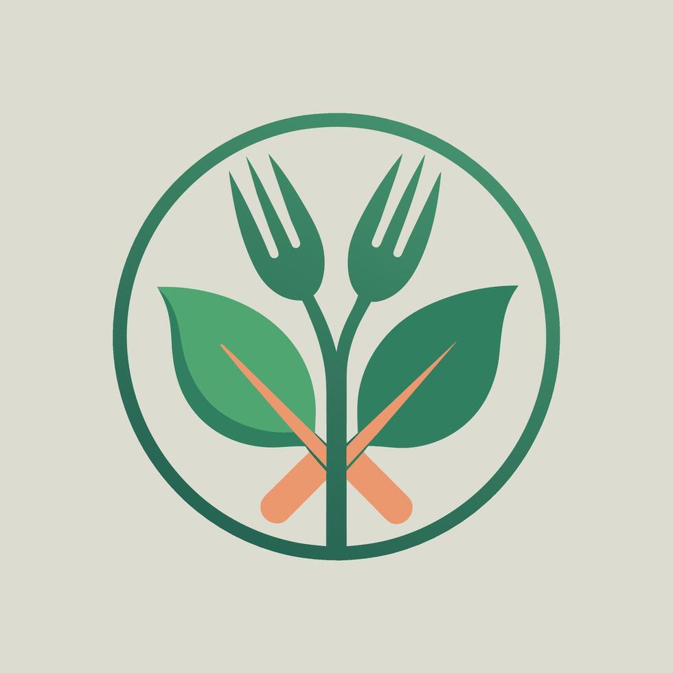 en gaffel är placerad vid sidan av två färsk grön löv anordnad i en cirkulär mönster, minimalistisk branding för en vegan restaurang med en fokus på organisk Ingredienser och hållbarhet vektor